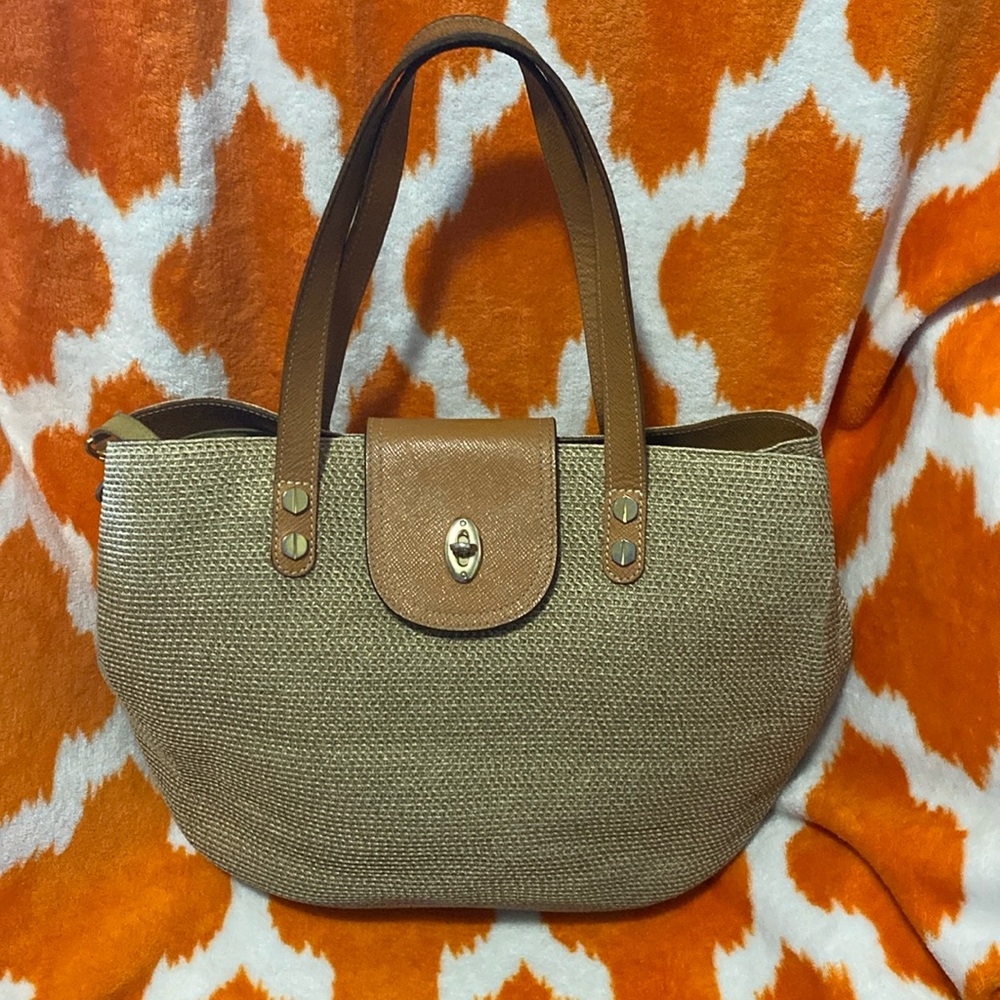 Eric Javits Tan And Honey Brown handbag  Leather,Woven Natural Fiber,Metal
